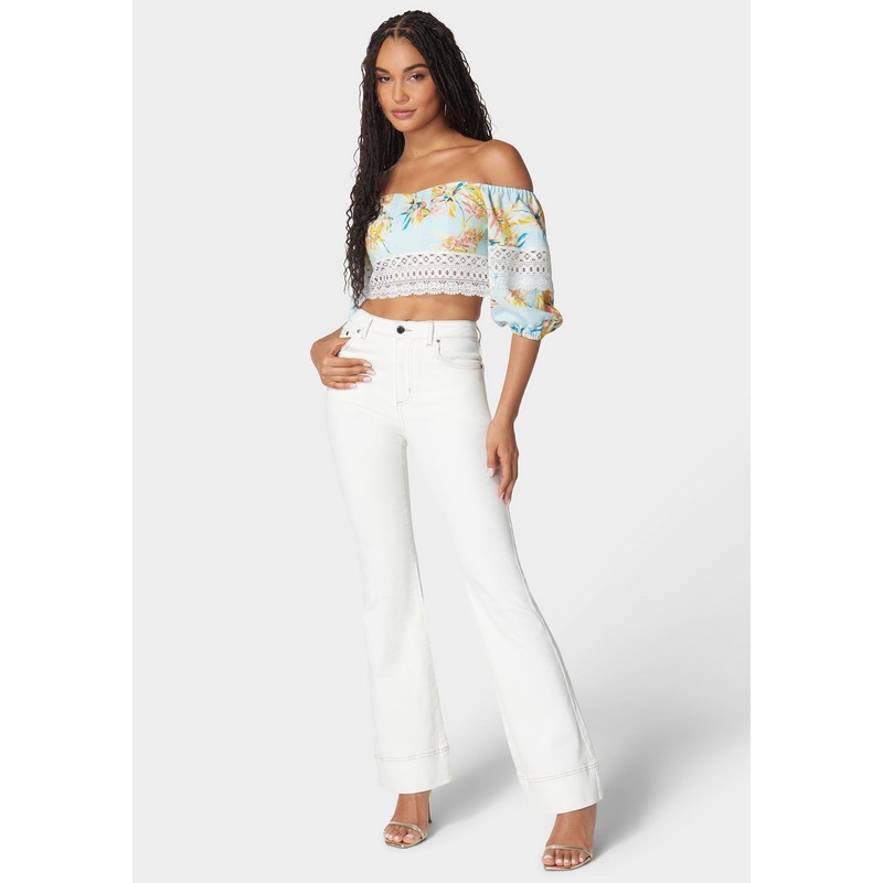 Natural Waist Lace Detail Wide Leg Jeans