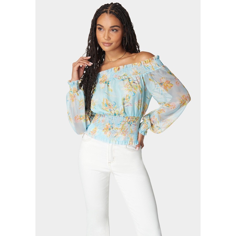 Off Shoulder Smocked Chiffon Blouse