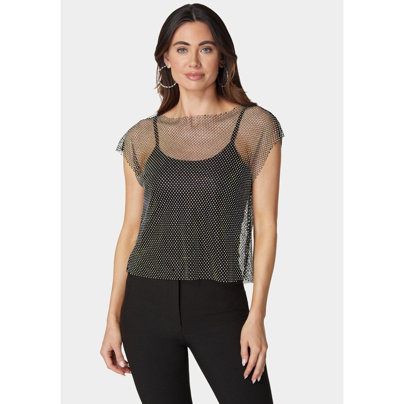 Rhinestone Fishnet Top With Knit Tank
