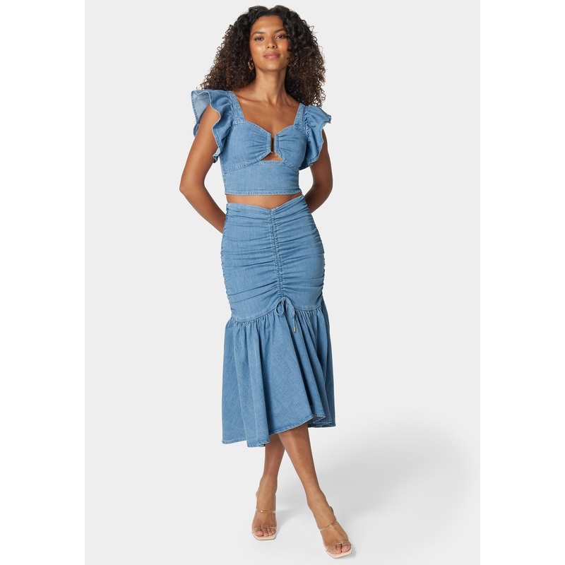 Ruched Drawcord Hi Lo Flared Hem Denim Skirt