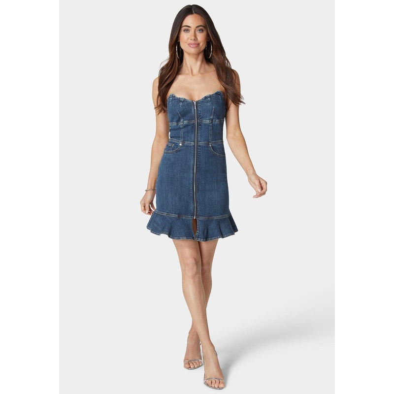 Scalloped Neckline Zip Up Denim Dress