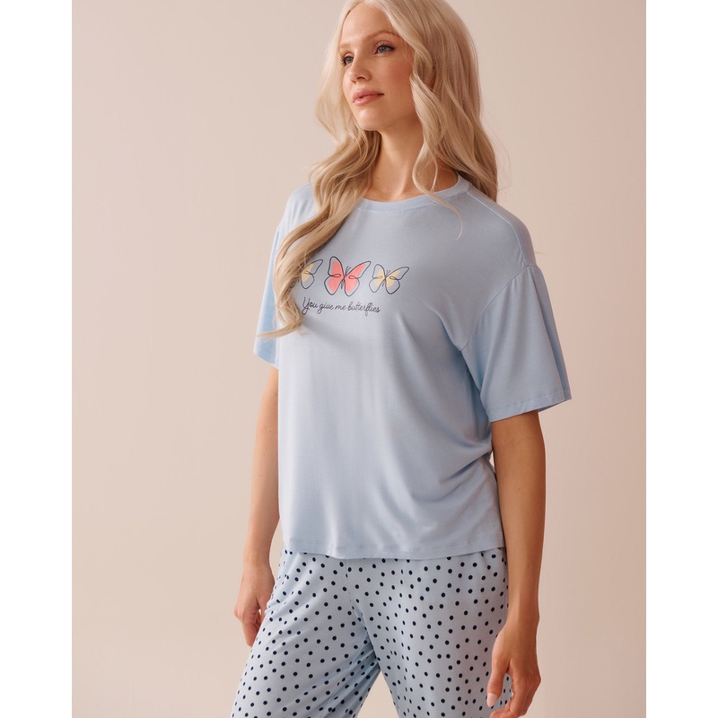 Butterfly Print Soft Jersey Drop Shoulder T-Shirt