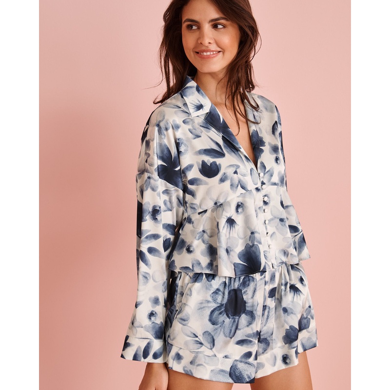 Luxury Edition Blue Floral Print Frill Detail Satin Shorts