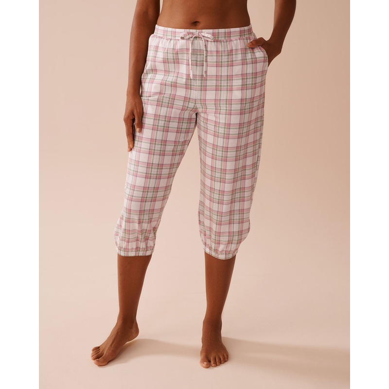 Multicolour Plaid Cotton Fitted Capris