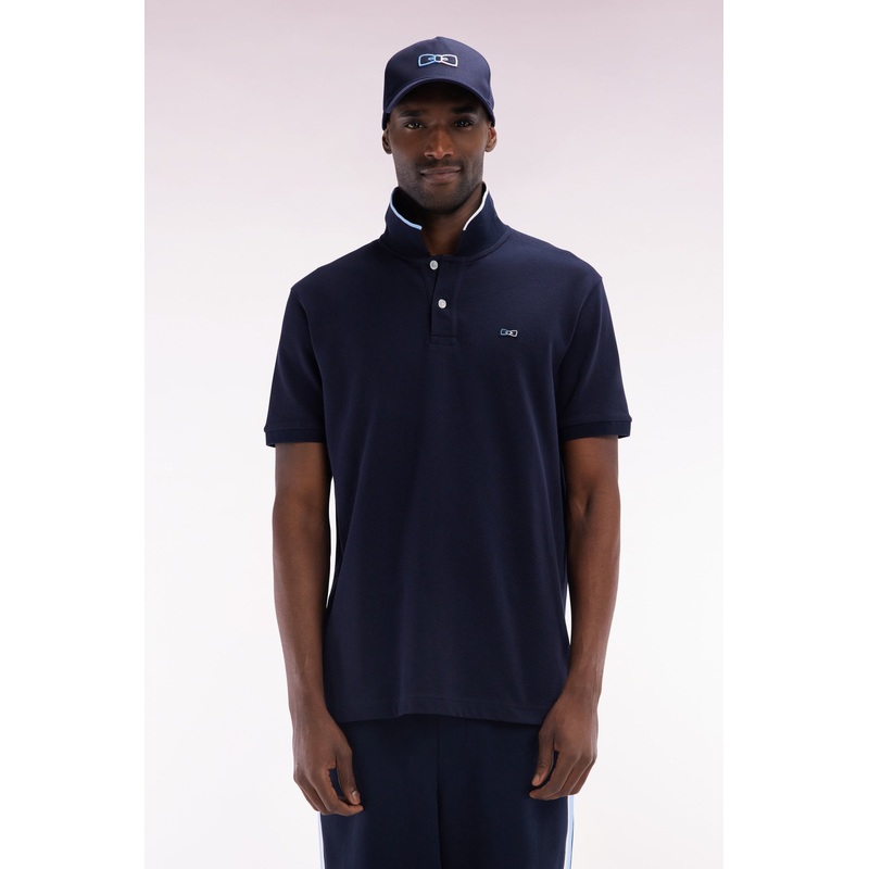 Relaxed-Fit Short-Sleeved Polo Shirt in Navy Cotton with Piped Collar