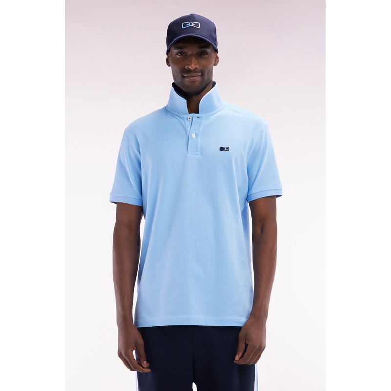 Relaxed-Fit Short-Sleeved Polo Shirt in Sky Blue Cotton with Piped Collar