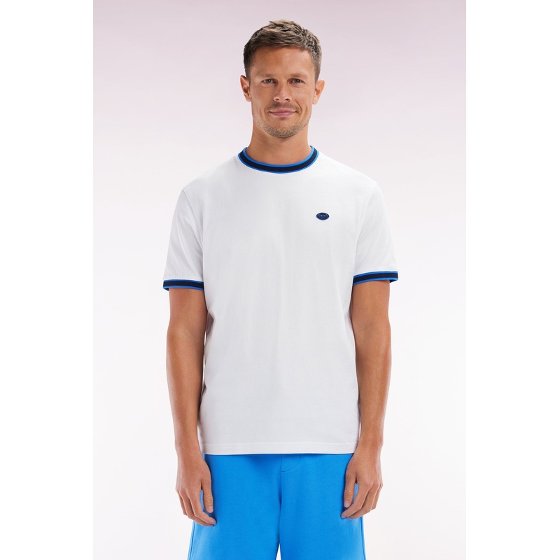 Relaxed-Fit White Cotton T-Shirt with Blue Ribbed Cuffs