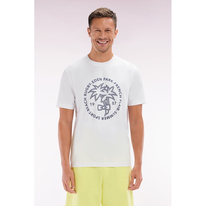 Relaxed-Fit White Cotton T-Shirt with Palm Tree Screen-Print