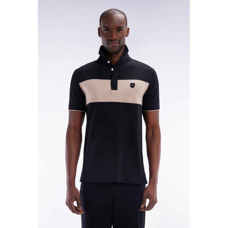 Slim-Fit Short-Sleeved Polo Shirt in Black Stretch Cotton with Contrasted Stripe
