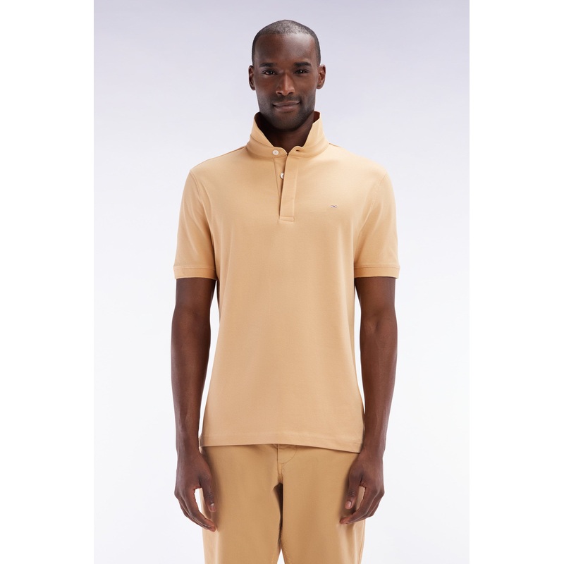 Slim-Fit Short-Sleeved Polo Shirt in Camel Stretch Cotton Piqu