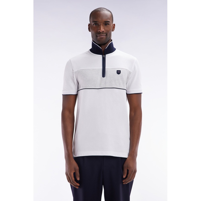 Slim-Fit Short-Sleeved Polo Shirt in White Stretch Mottled Cotton Piqu with Contrasting Accents