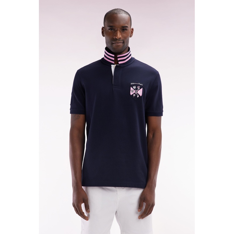 Straight-Fit 6 Nations Short-Sleeved Polo Shirt in Navy Cotton Piqu