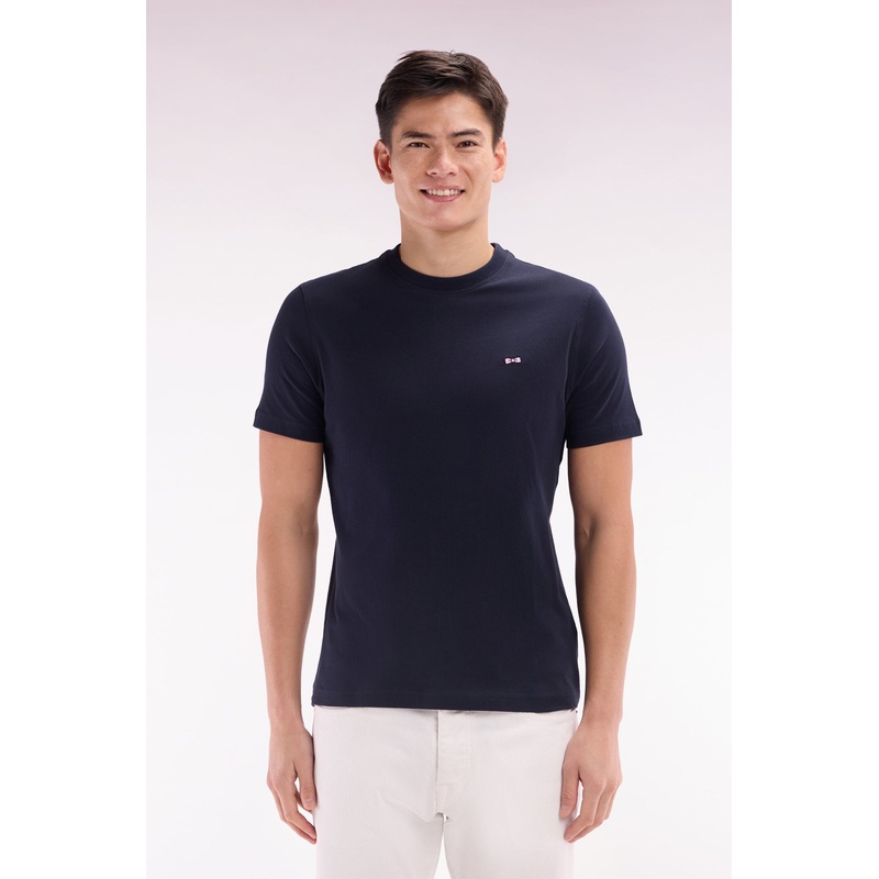 Straight Fit Navy Cotton T-Shirt with Striped Back Embroidery