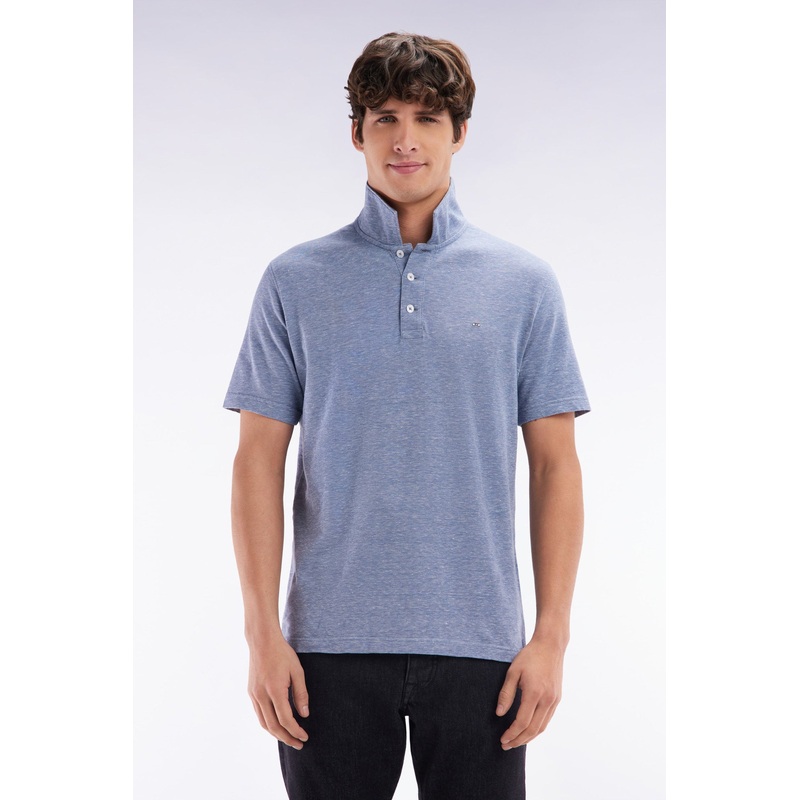 Straight-Fit Short-Sleeved Polo Shirt in Dark Grey Cotton-Linen Blend