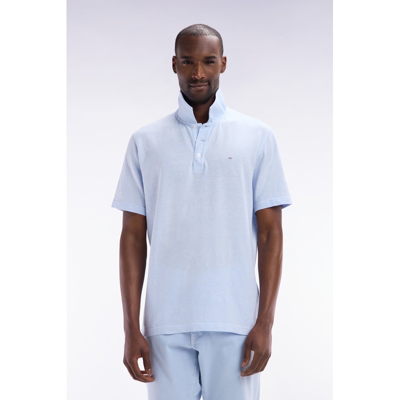 Straight-Fit Short-Sleeved Polo Shirt in Grey Blue Cotton-Linen Blend