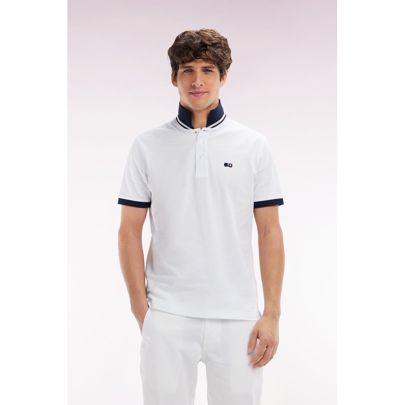 Straight-Fit Short-Sleeved Polo Shirt in White Cotton Piqu with Tricolor Embroidery