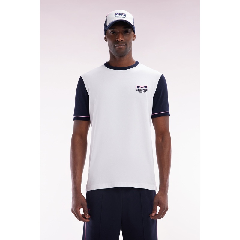 Straight-Fit Two-Tone White Cotton T-Shirt with Eden Park French Flair Embroidery