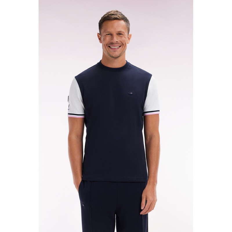 Straight-Fit Two-Tone XV De France T-Shirt in Navy Cotton with Rooster Embroidery