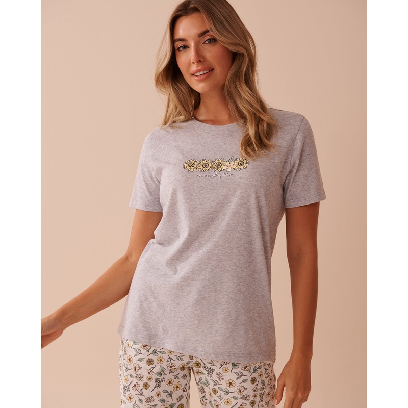 Sunflower Print Cotton Crew Neck T-Shirt