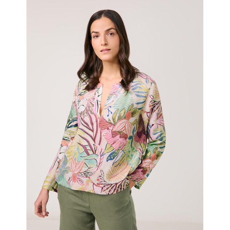 Tunic Blouse Made of Pure Linen with an All-Over Floral Pattern