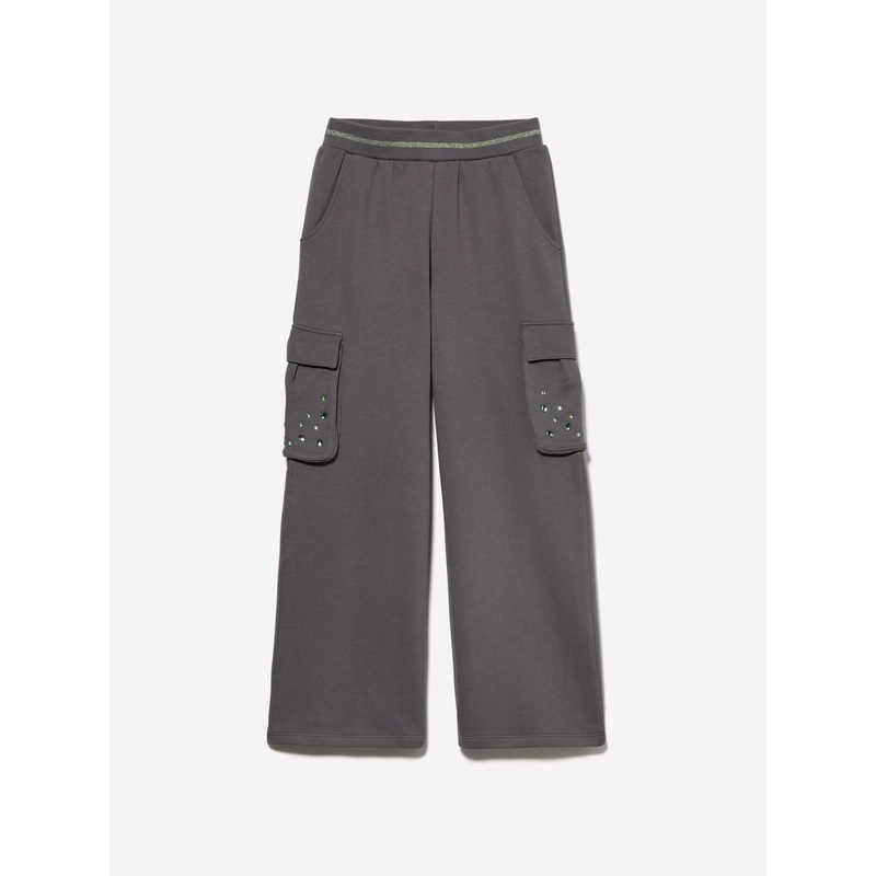 Gray Sweat Palazzo Trousers With Rhinestones