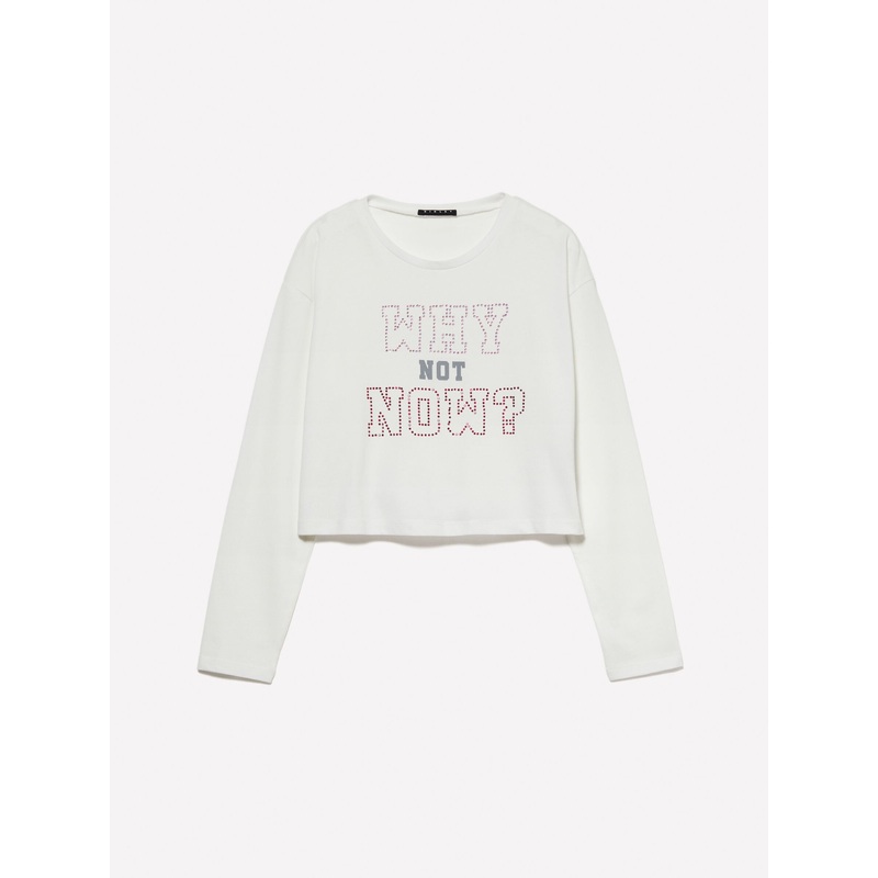 White Cropped T-Shirt With Rhinestones