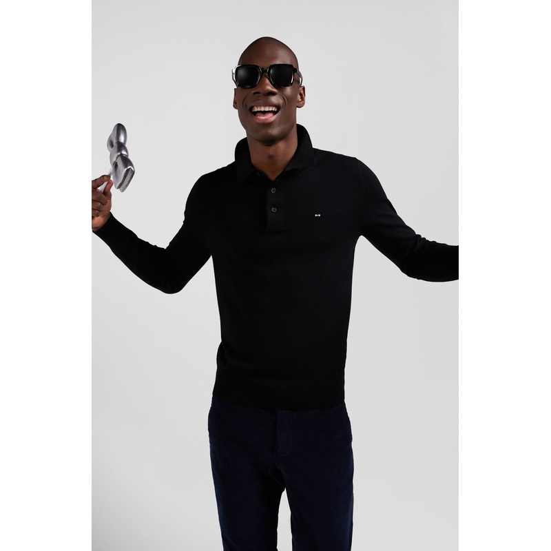 Regular Black Wool Jumper With Rugby Shirt Collar