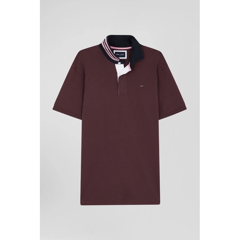 Regular Burgundy Cotton Rugby Shirt With Striped Undercollar