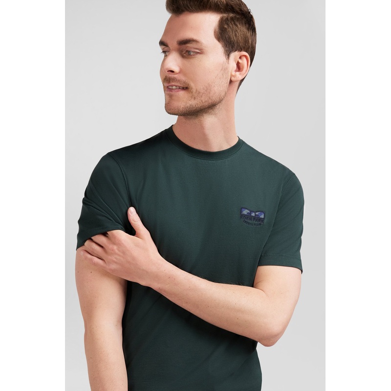 Regular Green Short-Sleeved Cotton T-Shirt With Tie Patchwork Emblem