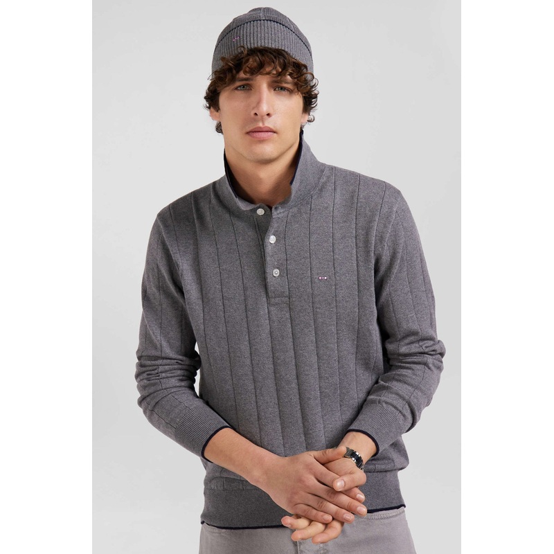 Regular Grey Cotton And Cashmere Jumper With Rugby Shirt Collar
