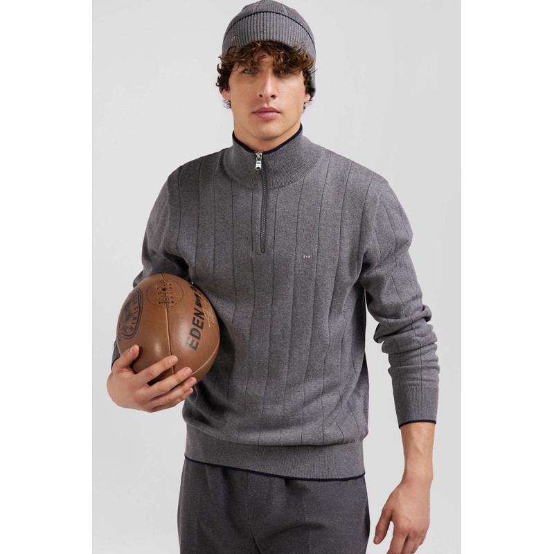 Regular Grey Semi-Zipped Cotton And Cashmere Jumper