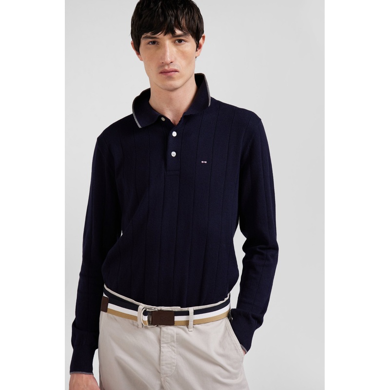 Regular Navy Blue Cotton And Cashmere Jumper With Rugby Shirt Collar