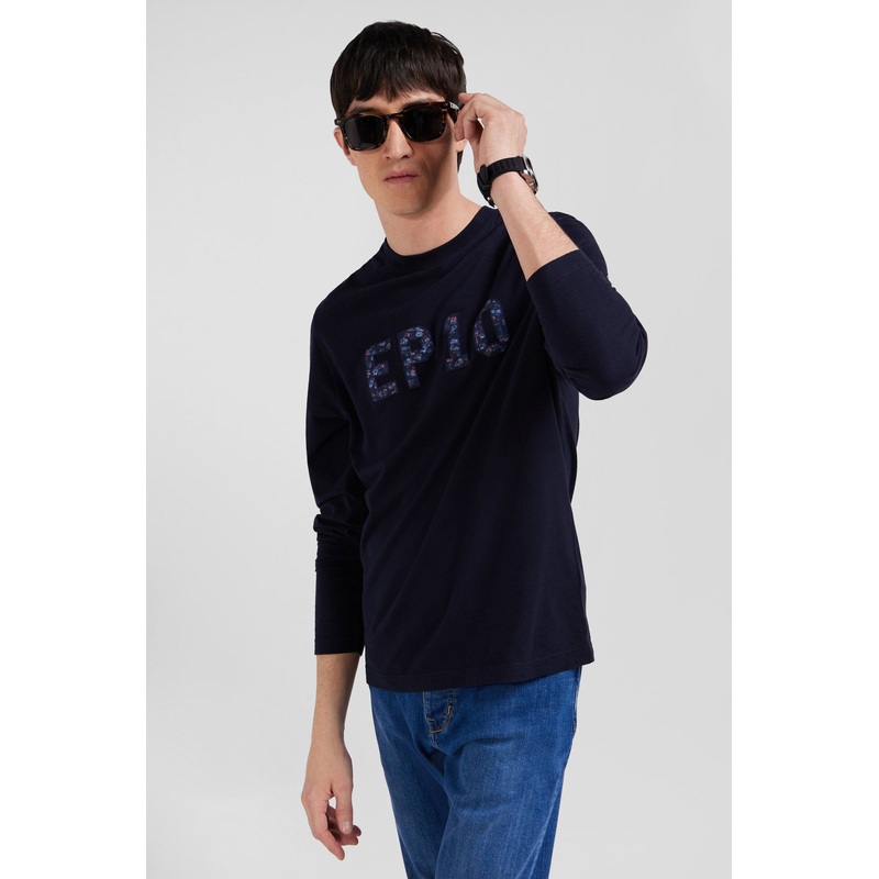 Regular Navy Blue Long-Sleeved Cotton T-Shirt With Printed Back Patch