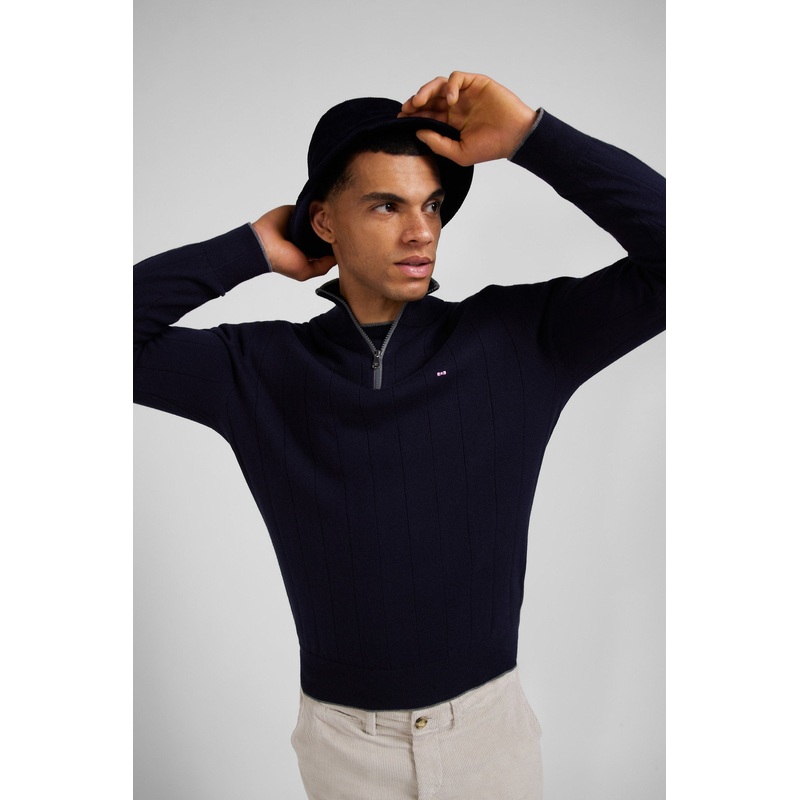 Regular Navy Blue Semi-Zipped Cotton And Cashmere Jumper