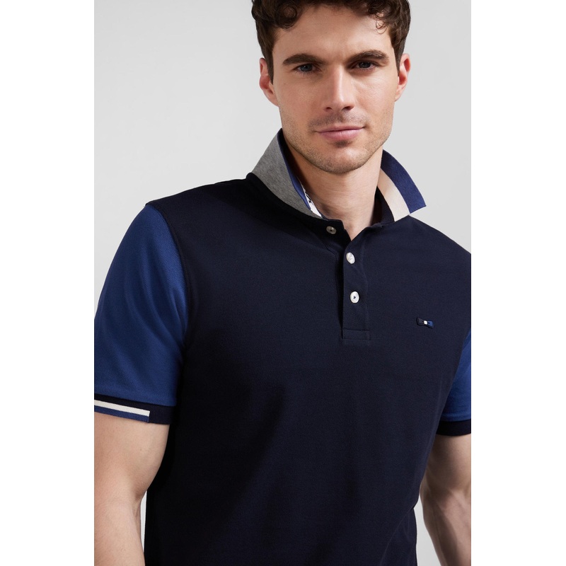 Regular Navy Blue Short-Sleeved Cotton Piqu Polo Shirt With Eden Park Jacquard Collar