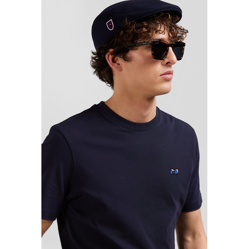 Regular Navy Blue Short-Sleeved Cotton T-Shirt With Back Embroidery