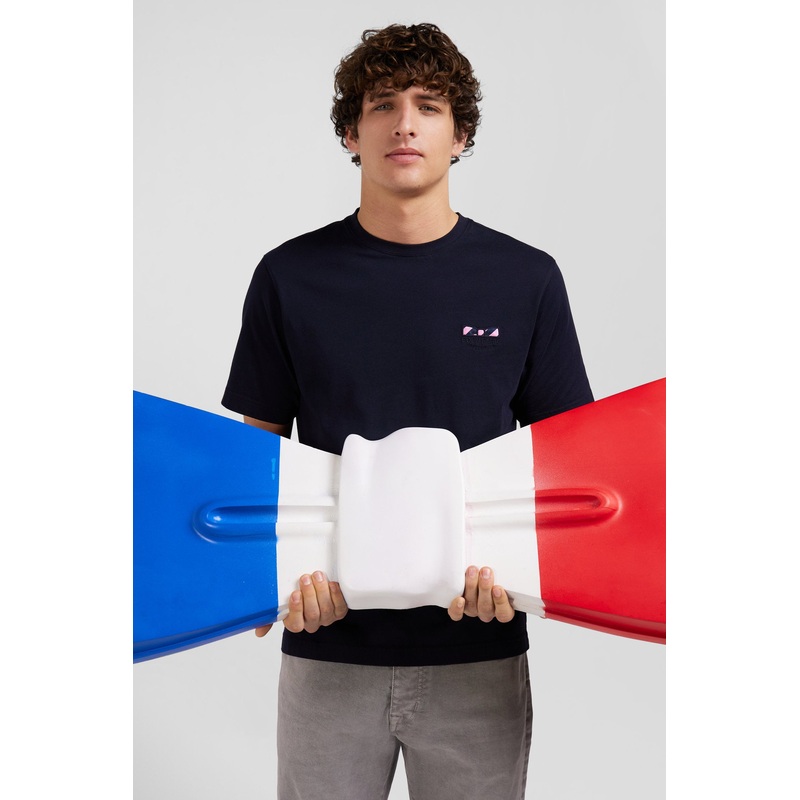 Regular Navy Blue Short-Sleeved Cotton T-Shirt With Tie Patchwork Emblem