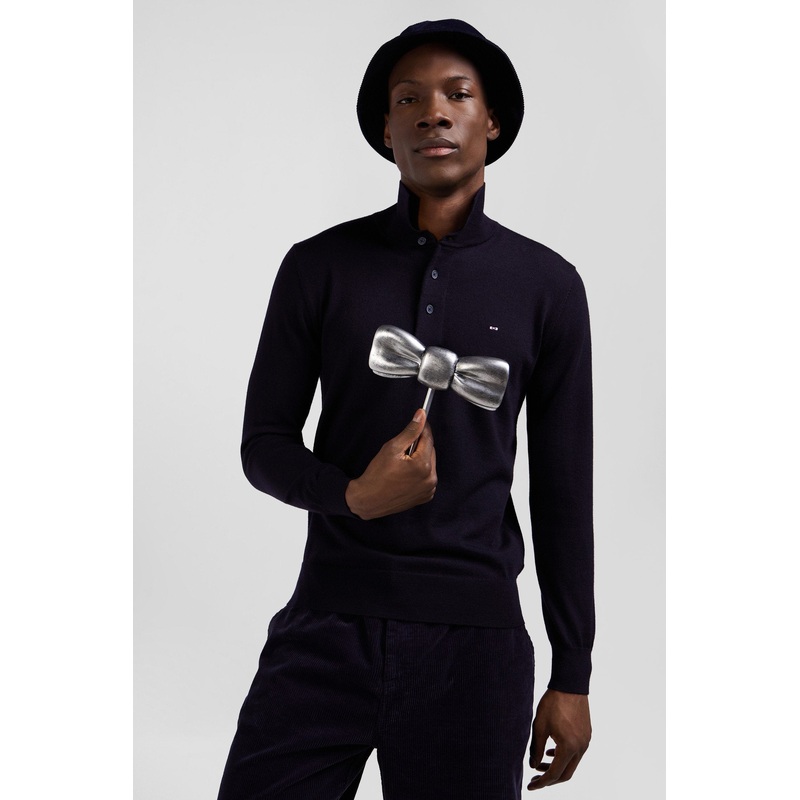 Regular Navy Blue Wool Jersey Jumper With Rugby Shirt Collar