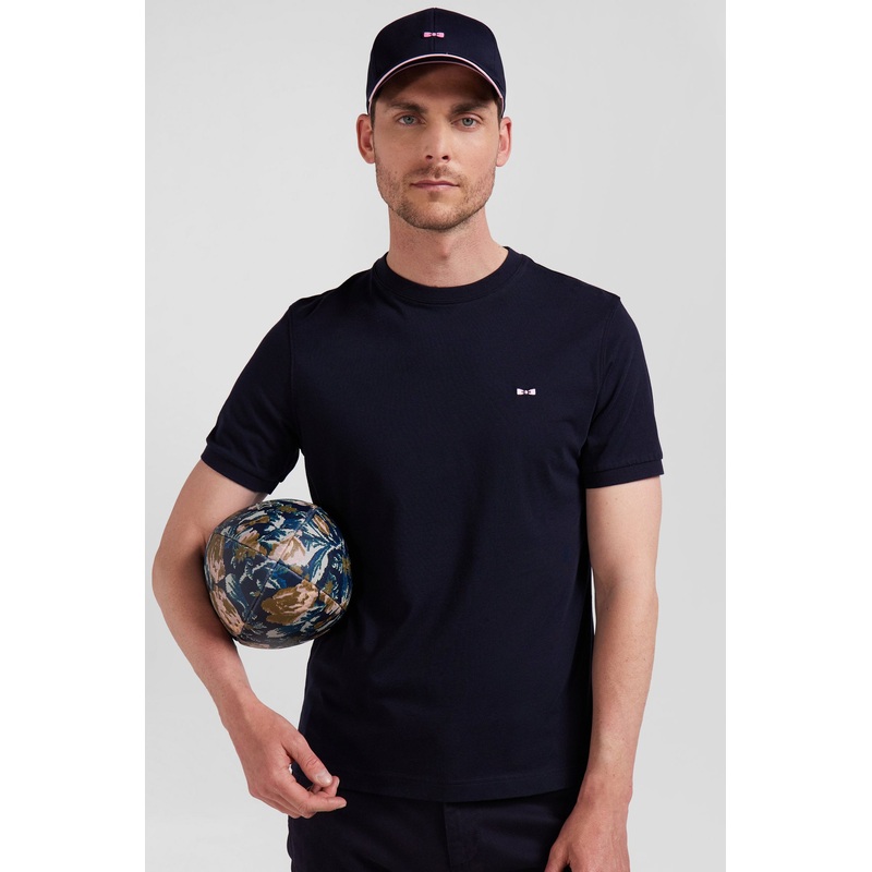 Regular Navy Short-Sleeved Cotton T-Shirt With Back Emblem Embroidery
