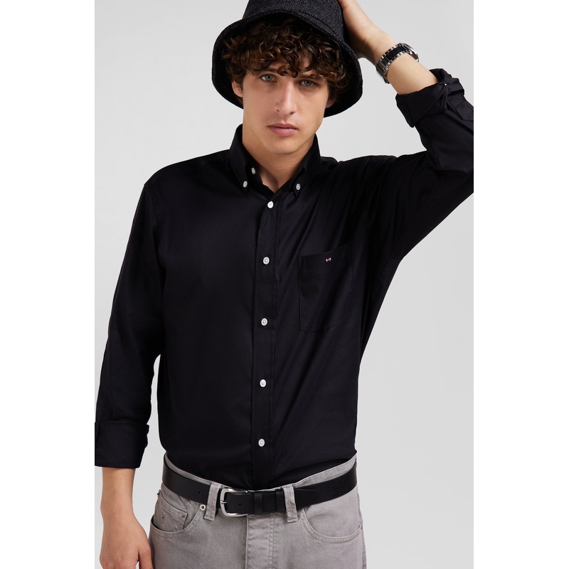 Regular Plain Black Mixed Stretch Cotton Shirt