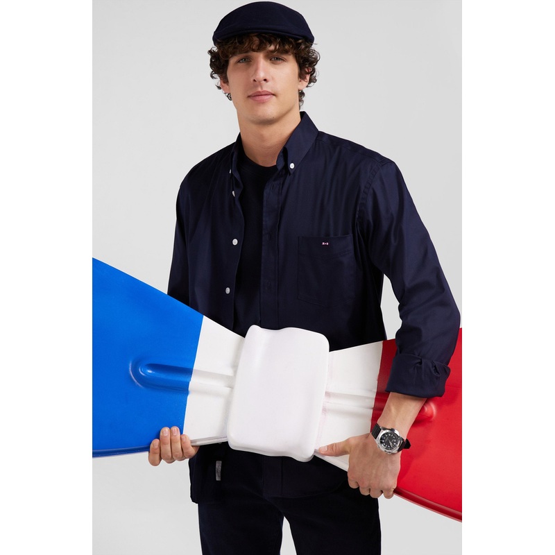 Regular Plain Navy Blue Mixed Stretch Cotton Shirt