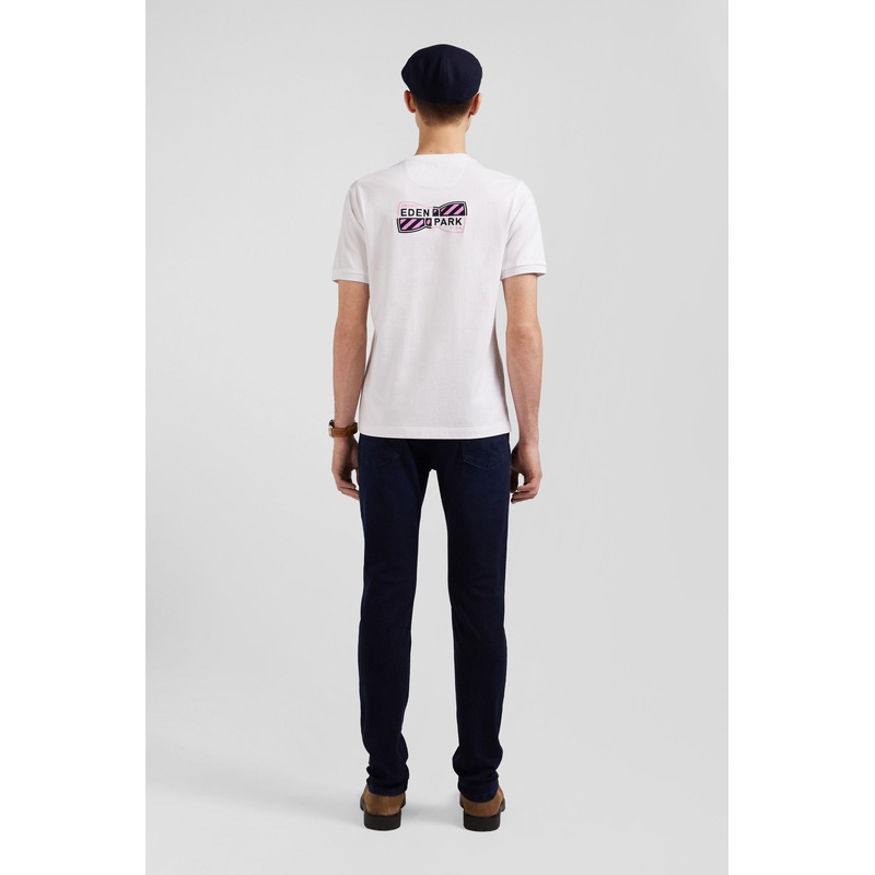 Regular White Short-Sleeved Cotton T-Shirt With Back Emblem Embroidery