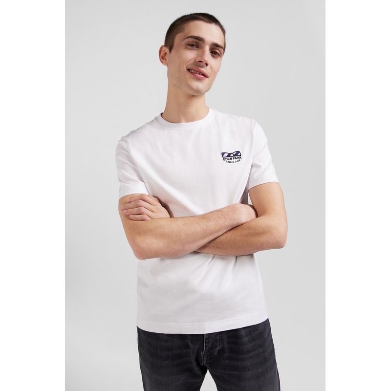Regular White Short-Sleeved Cotton T-Shirt With Tie Patchwork Emblem