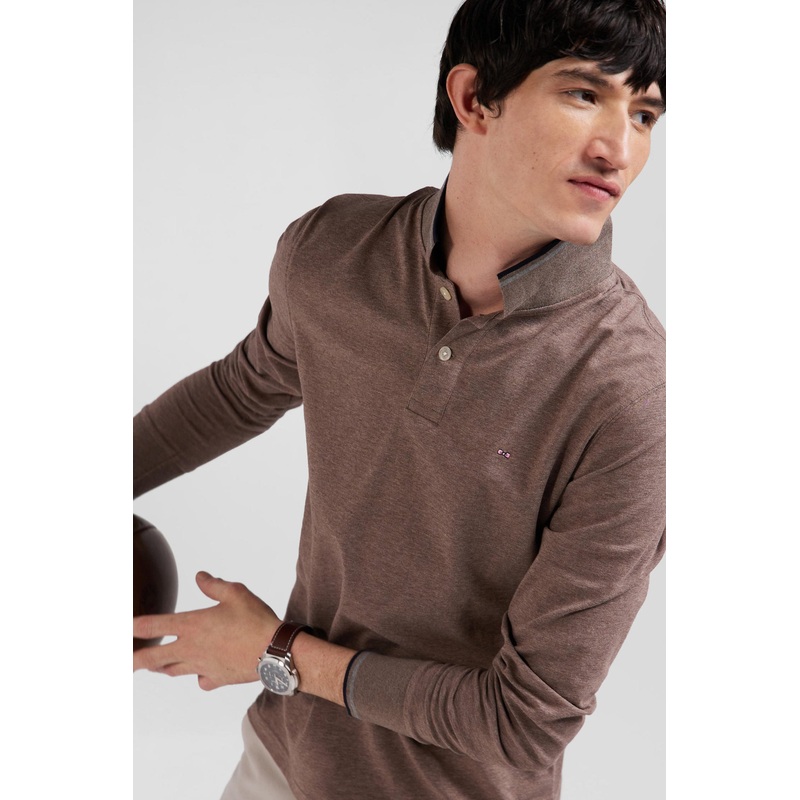Slim Brown Long-Sleeved Stretch Cotton Polo Shirt With Striped Finishes