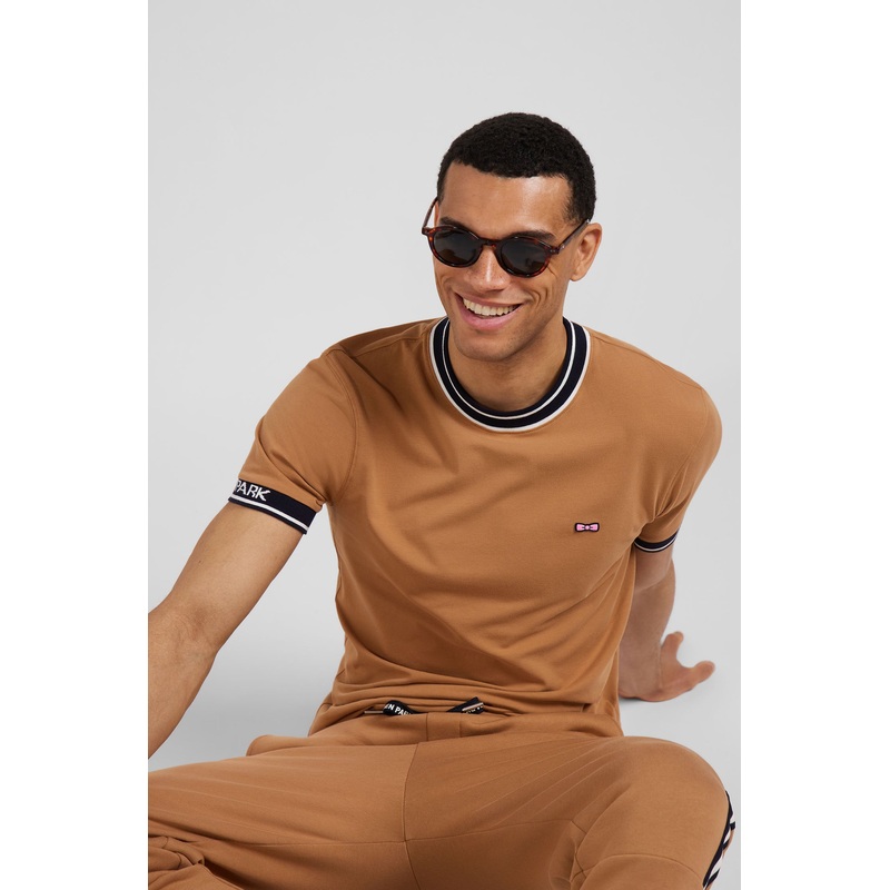 Slim Camel Short-Sleeved Cotton T-Shirt With Eden Park Ribs