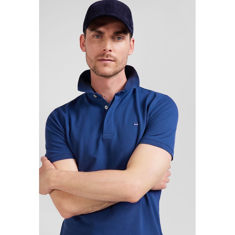 Slim Dark Blue Short-Sleeved Stretch Cotton Polo Shirt