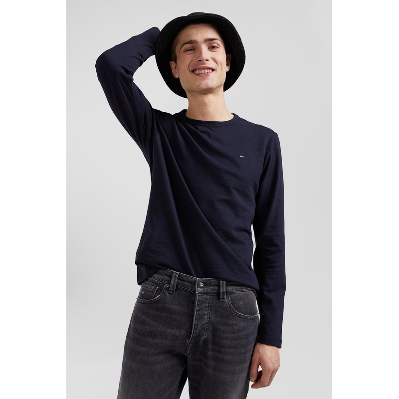 Slim Navy Blue Long-Sleeved Cotton T-Shirt