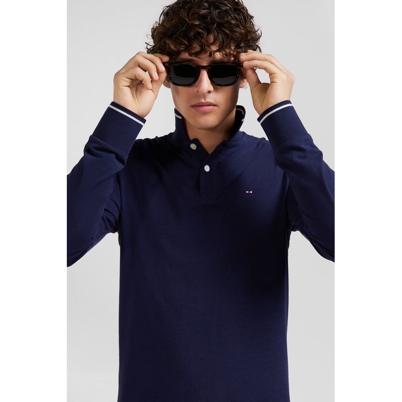 Slim Navy Blue Long-Sleeved Stretch Cotton Polo Shirt With Striped Finishes