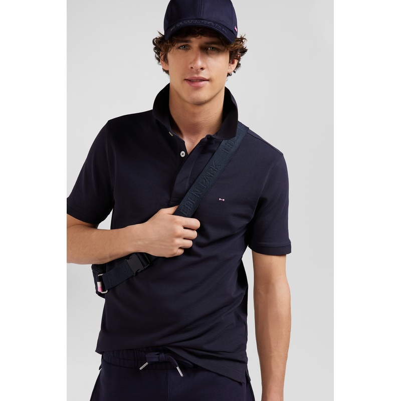 Slim Navy Blue Short-Sleeved Cotton Piqu Polo Shirt