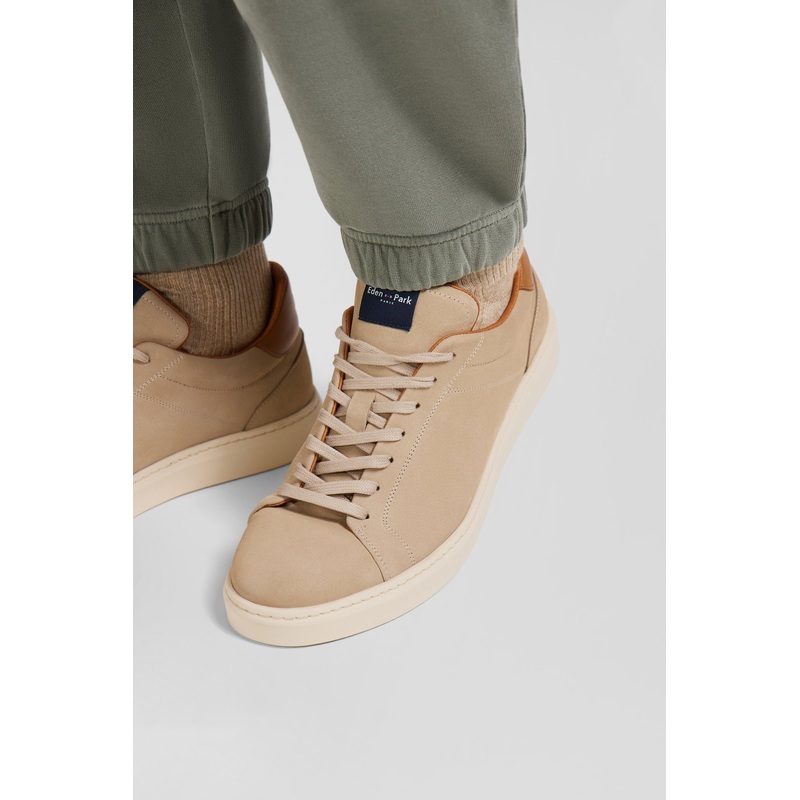 Khaki Grained Leather Low-Top Sneakers